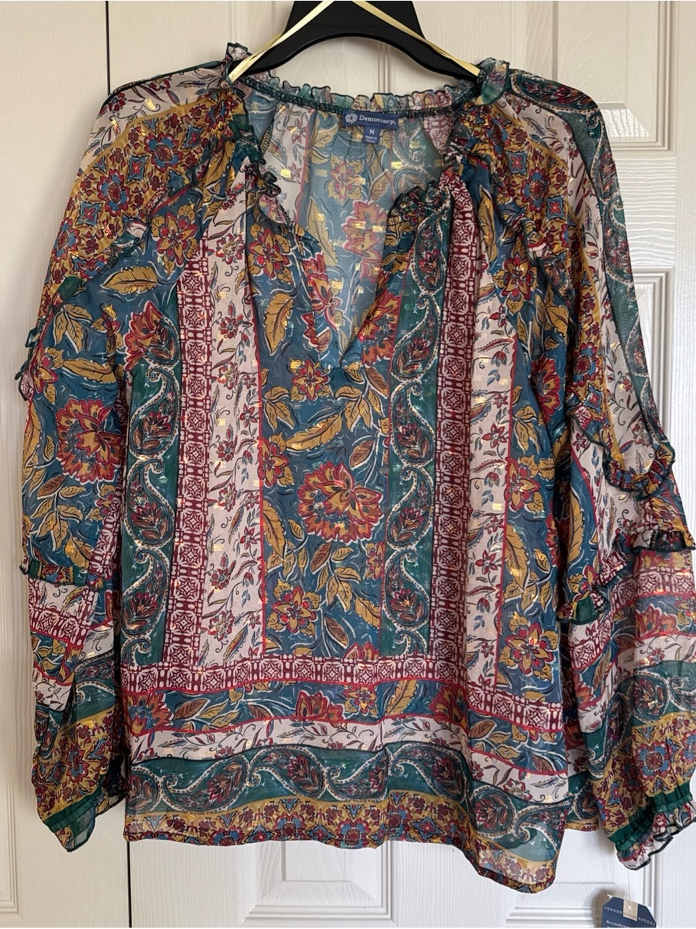 Democracy Women Sz Medium-Multicolor Paisley V-Neck Tunic Long Sleeve Top NWT 78